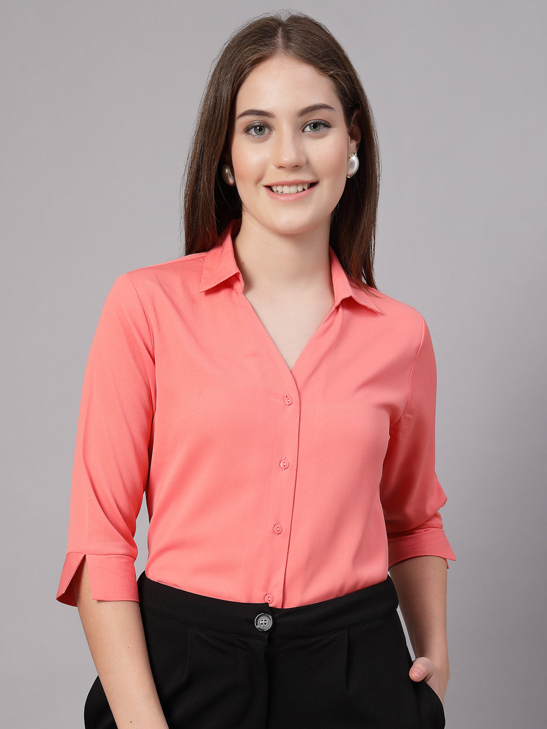 StyleQuotient Women Solid Peach Polymoss Formal Shirt-Shirts-StyleQuotient