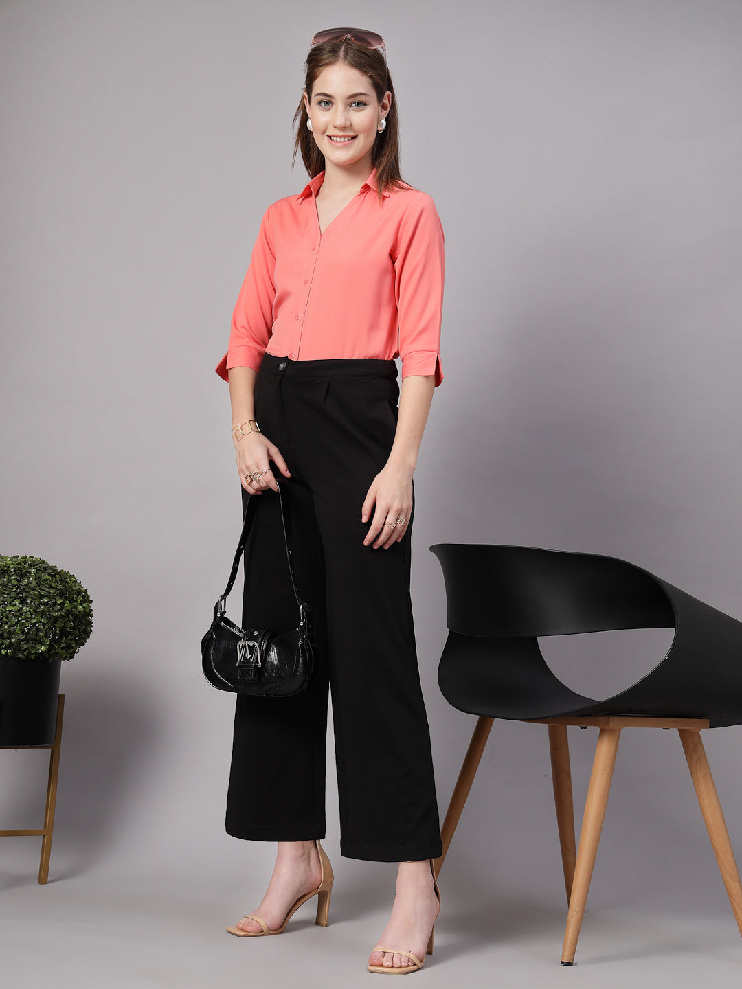 StyleQuotient Women Solid Peach Polymoss Formal Shirt-Shirts-StyleQuotient