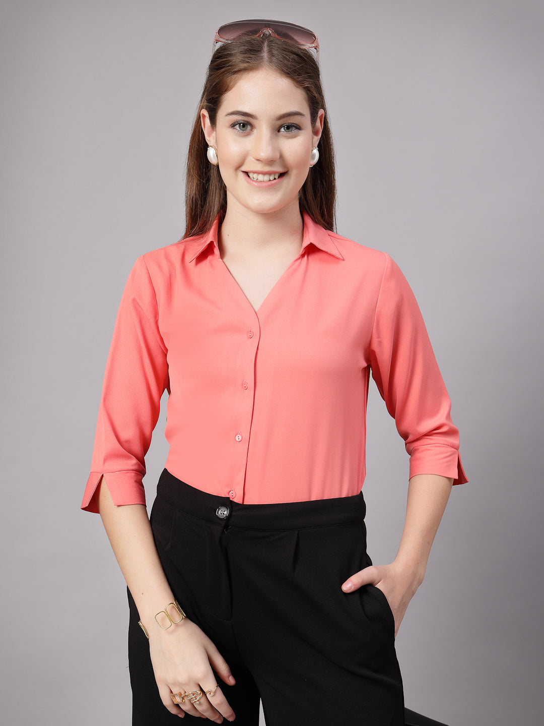 StyleQuotient Women Solid Peach Polymoss Formal Shirt-Shirts-StyleQuotient