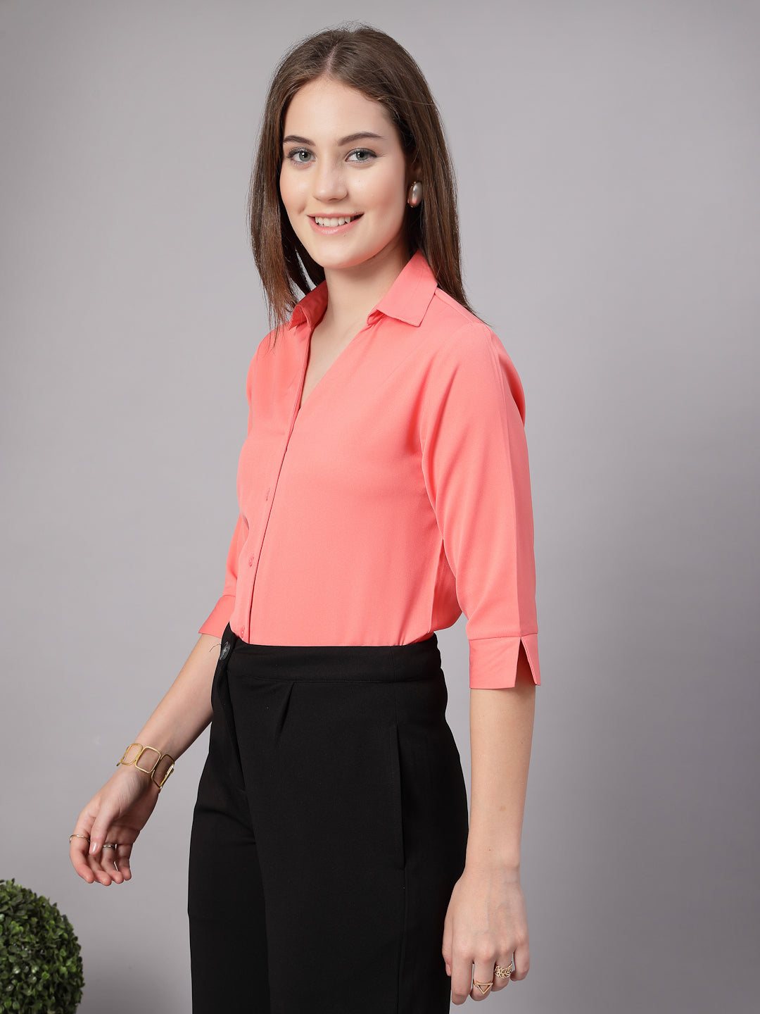StyleQuotient Women Solid Peach Polymoss Formal Shirt-Shirts-StyleQuotient