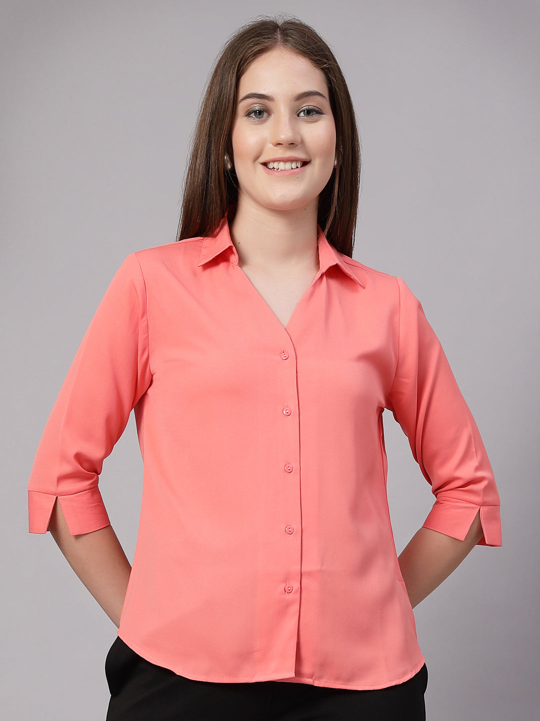 StyleQuotient Women Solid Peach Polymoss Formal Shirt-Shirts-StyleQuotient