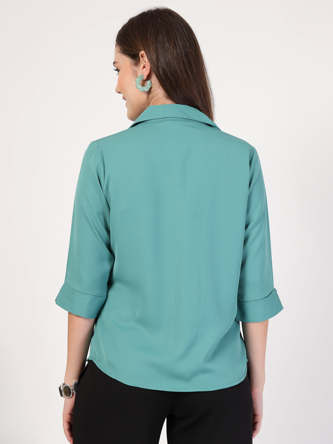 StyleQuotient Women Solid Teal Polymoss Formal Shirt-Shirts-StyleQuotient
