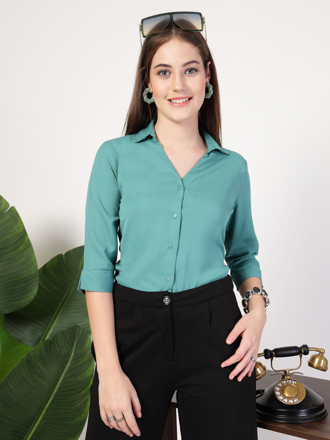StyleQuotient Women Solid Teal Polymoss Formal Shirt-Shirts-StyleQuotient