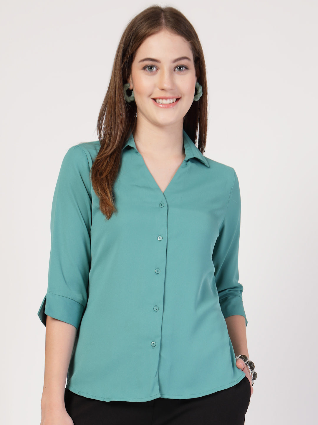 StyleQuotient Women Solid Teal Polymoss Formal Shirt-Shirts-StyleQuotient
