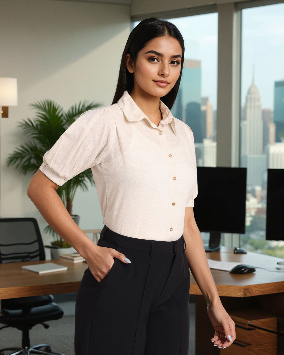 Style Quotient Women Solid Linen Ivory Formal Shirt-Shirts-StyleQuotient