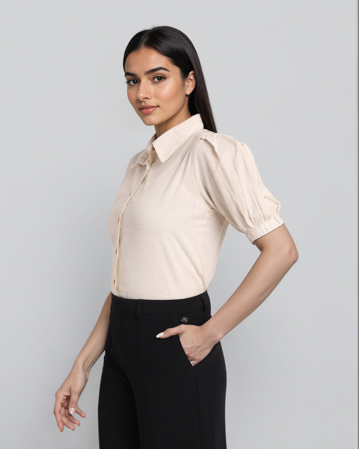 Style Quotient Women Solid Linen Ivory Formal Shirt-Shirts-StyleQuotient