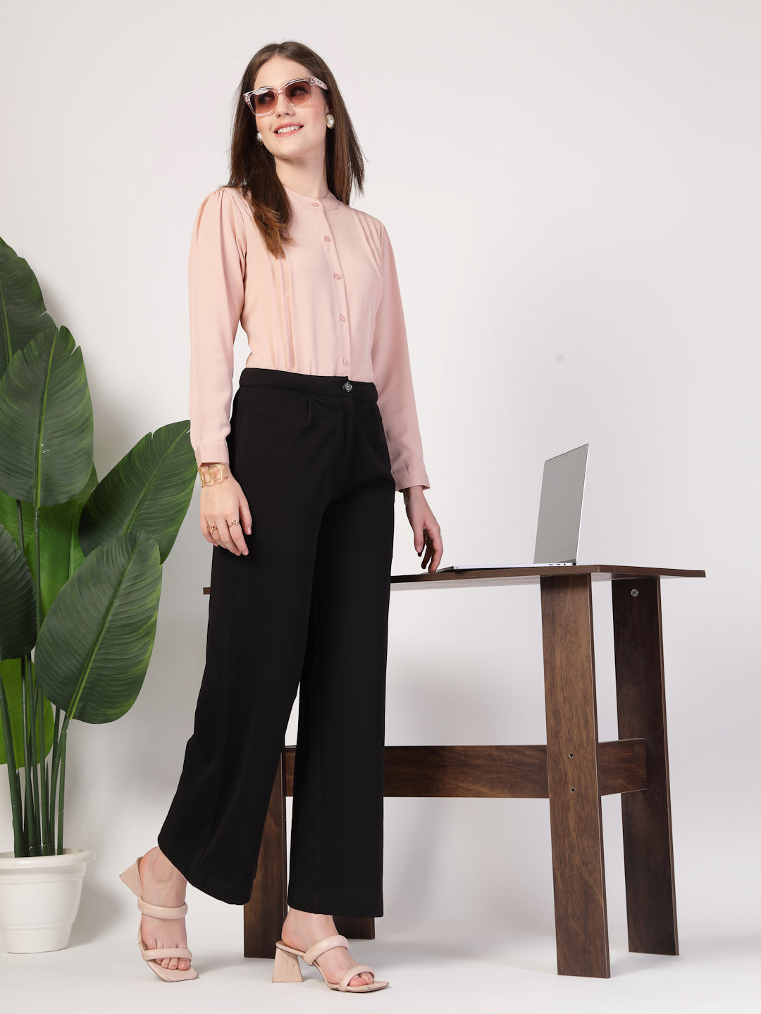 Style Quotient Women Solid Nude Polymoss Formal Shirt-Shirts-StyleQuotient
