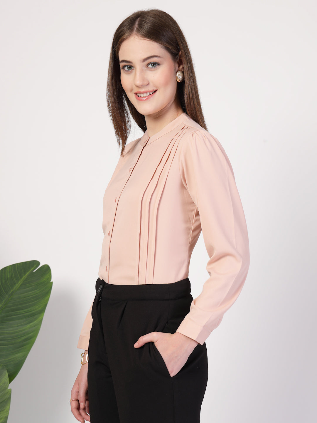 Style Quotient Women Solid Nude Polymoss Formal Shirt-Shirts-StyleQuotient