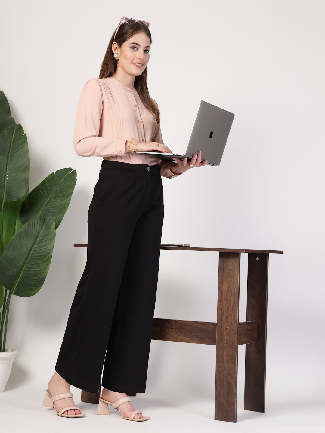 Style Quotient Women Solid Nude Polymoss Formal Shirt-Shirts-StyleQuotient