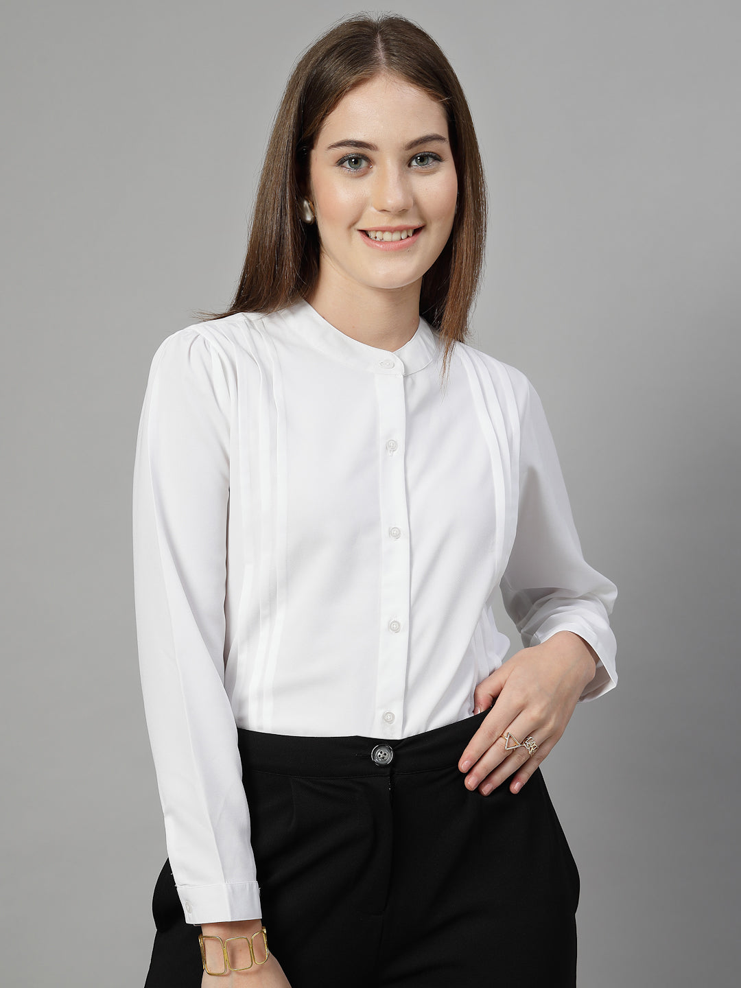 Style Quotient Women Solid White Polymoss Formal Shirt-Shirts-StyleQuotient