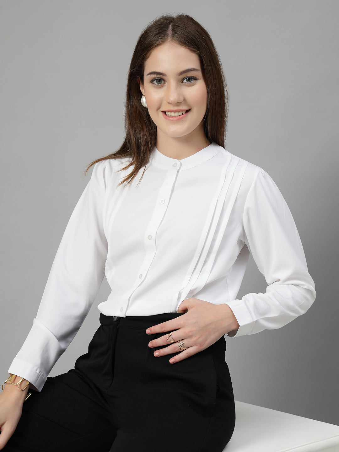 Style Quotient Women Solid White Polymoss Formal Shirt-Shirts-StyleQuotient