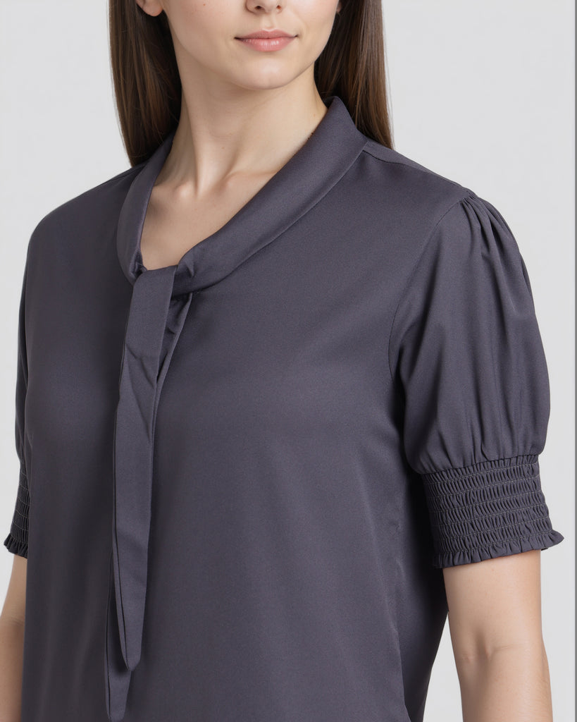 Style Quotient Women Solid Grey Polymoss Formal Top-Tops-StyleQuotient