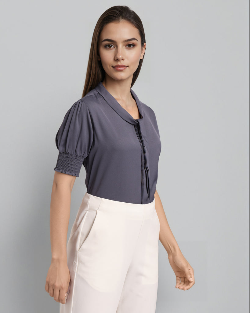 Style Quotient Women Solid Grey Polymoss Formal Top-Tops-StyleQuotient
