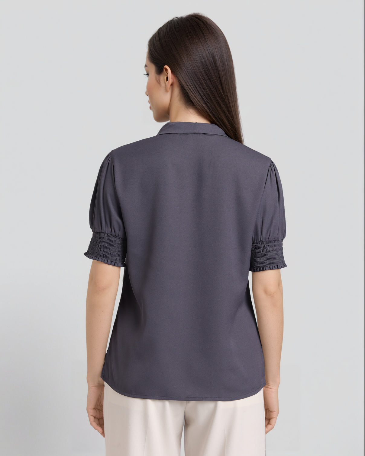 Style Quotient Women Solid Grey Polymoss Formal Top-Tops-StyleQuotient