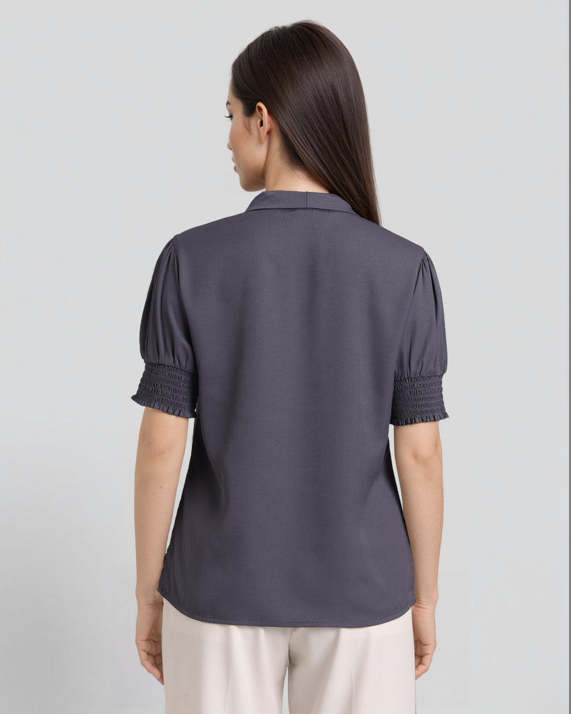 Style Quotient Women Solid Grey Polymoss Formal Top-Tops-StyleQuotient