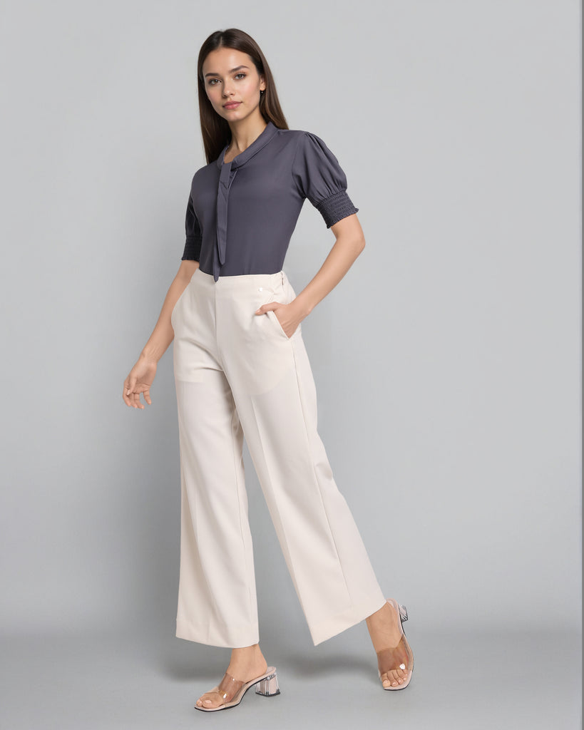 Style Quotient Women Solid Grey Polymoss Formal Top-Tops-StyleQuotient