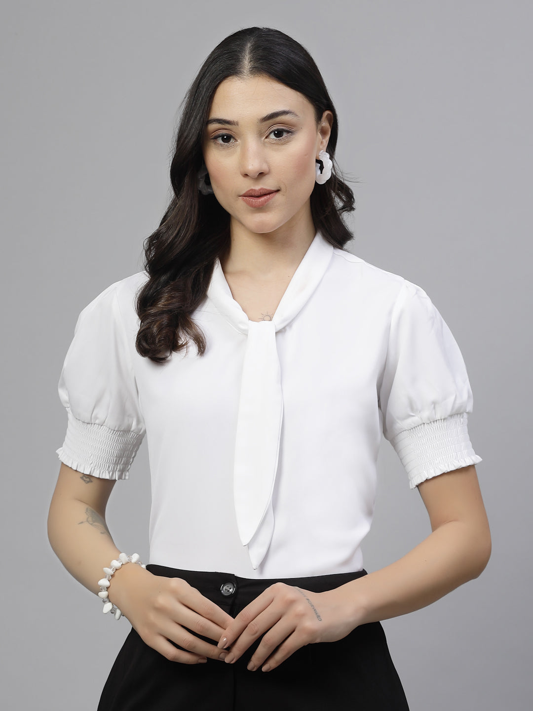 Style Quotient Women Solid White Polymoss Semi Formal Top-Tops-StyleQuotient