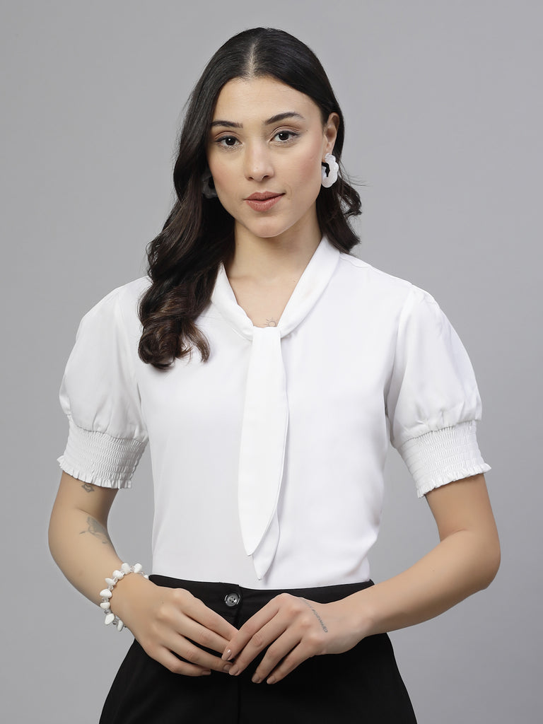 Style Quotient Women Solid White Polymoss Semi Formal Top-Tops-StyleQuotient