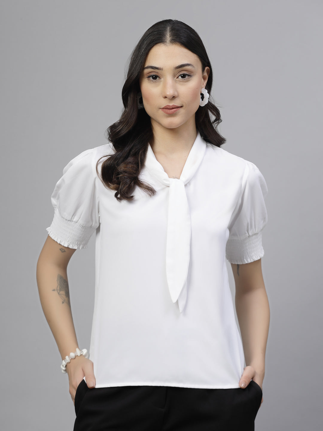 Style Quotient Women Solid White Polymoss Semi Formal Top-Tops-StyleQuotient