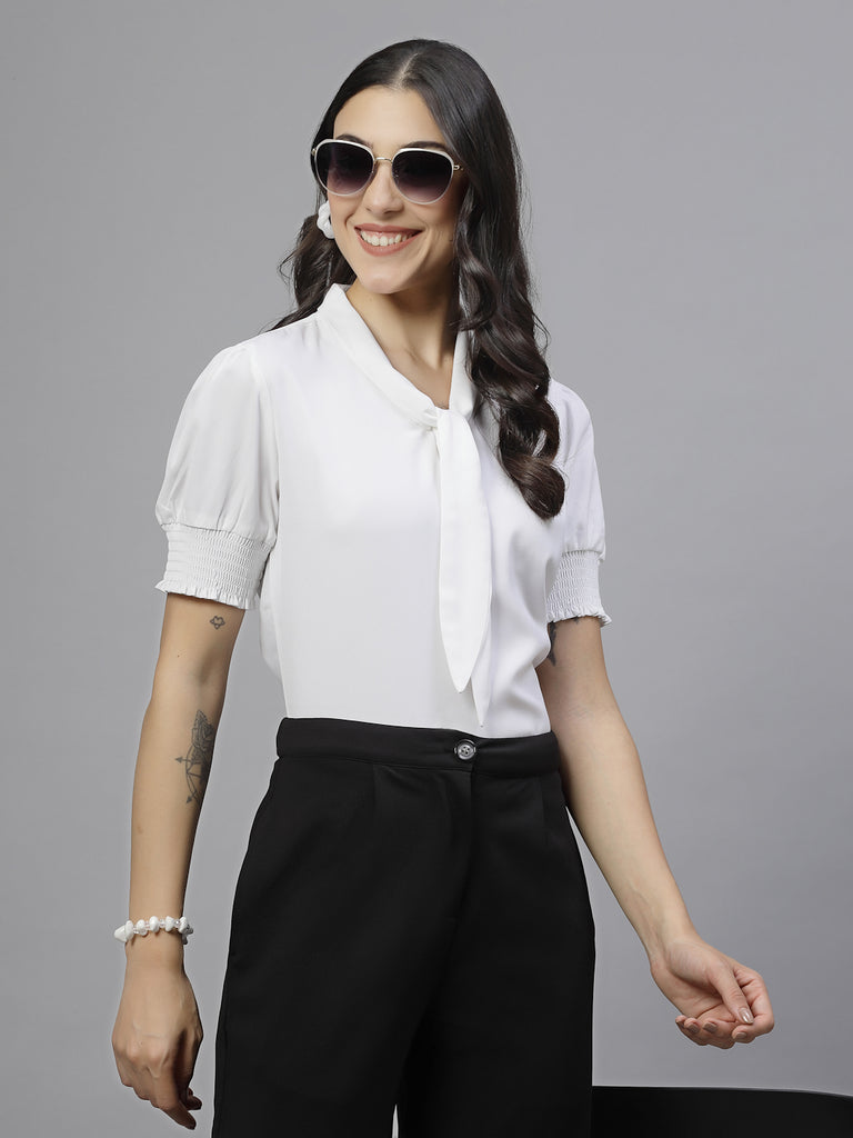 Style Quotient Women Solid White Polymoss Semi Formal Top-Tops-StyleQuotient