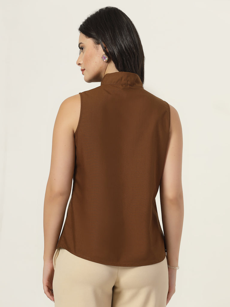 Style Quotient Women Solid Tan Polycotton Formal Top-Tops-StyleQuotient