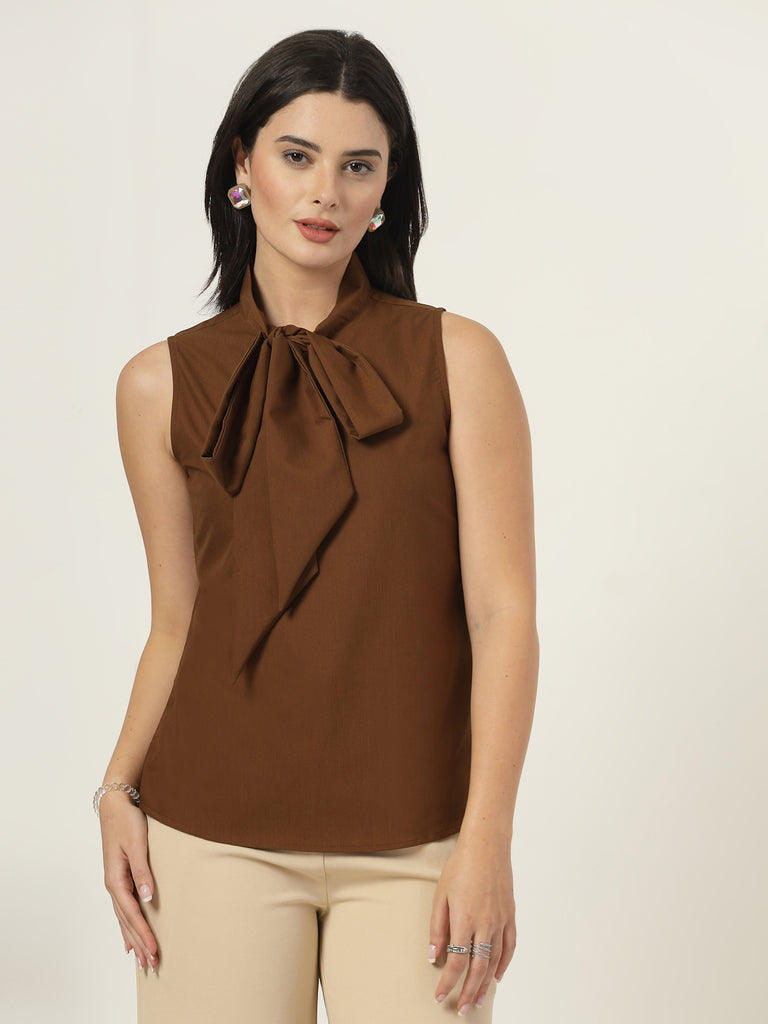 Style Quotient Women Solid Tan Polycotton Formal Top-Tops-StyleQuotient