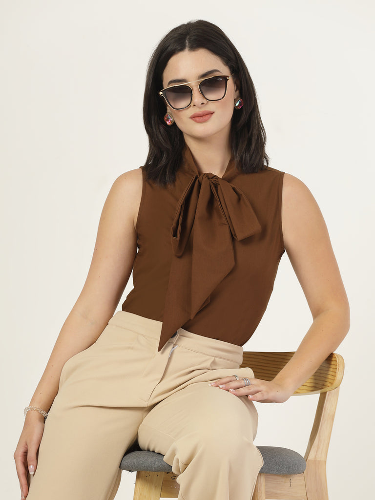 Style Quotient Women Solid Tan Polycotton Formal Top-Tops-StyleQuotient