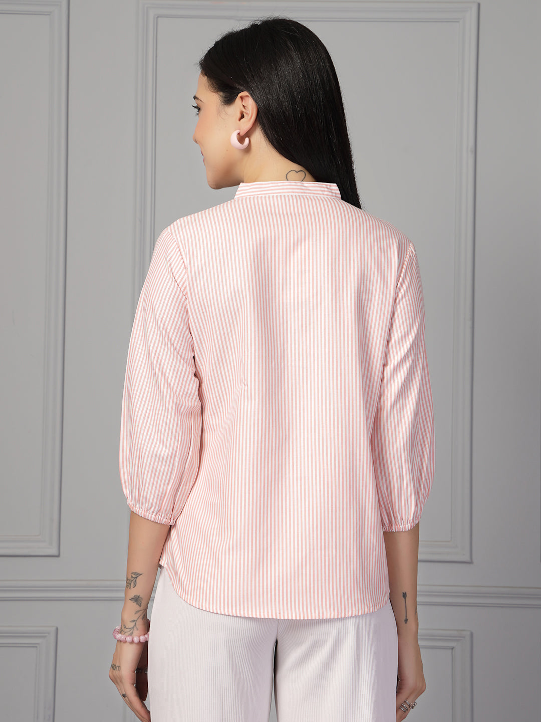 Style Quotient Women Peach and White Stripe Formal Shirt-Shirts-StyleQuotient