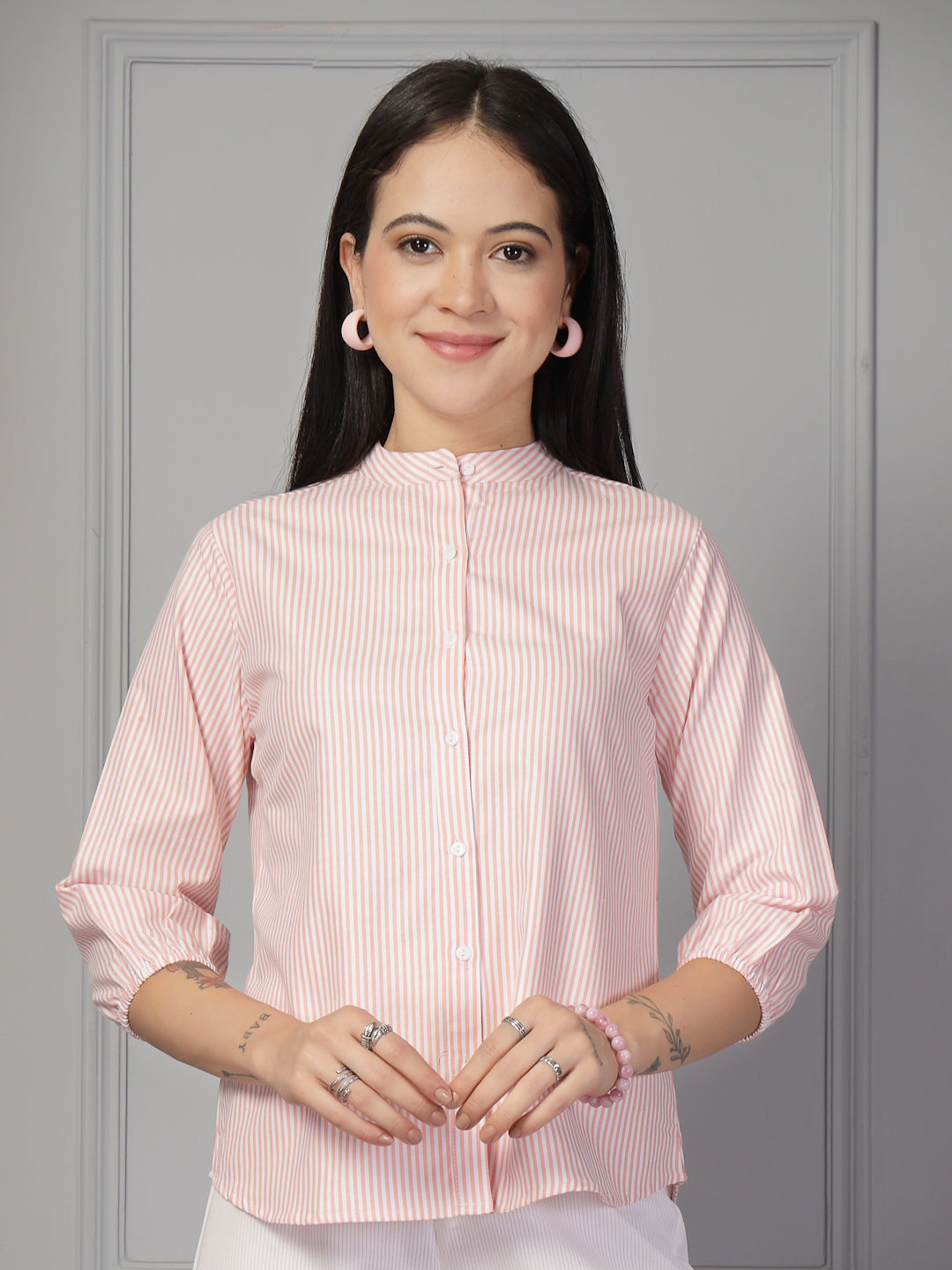 Style Quotient Women Peach and White Stripe Formal Shirt-Shirts-StyleQuotient