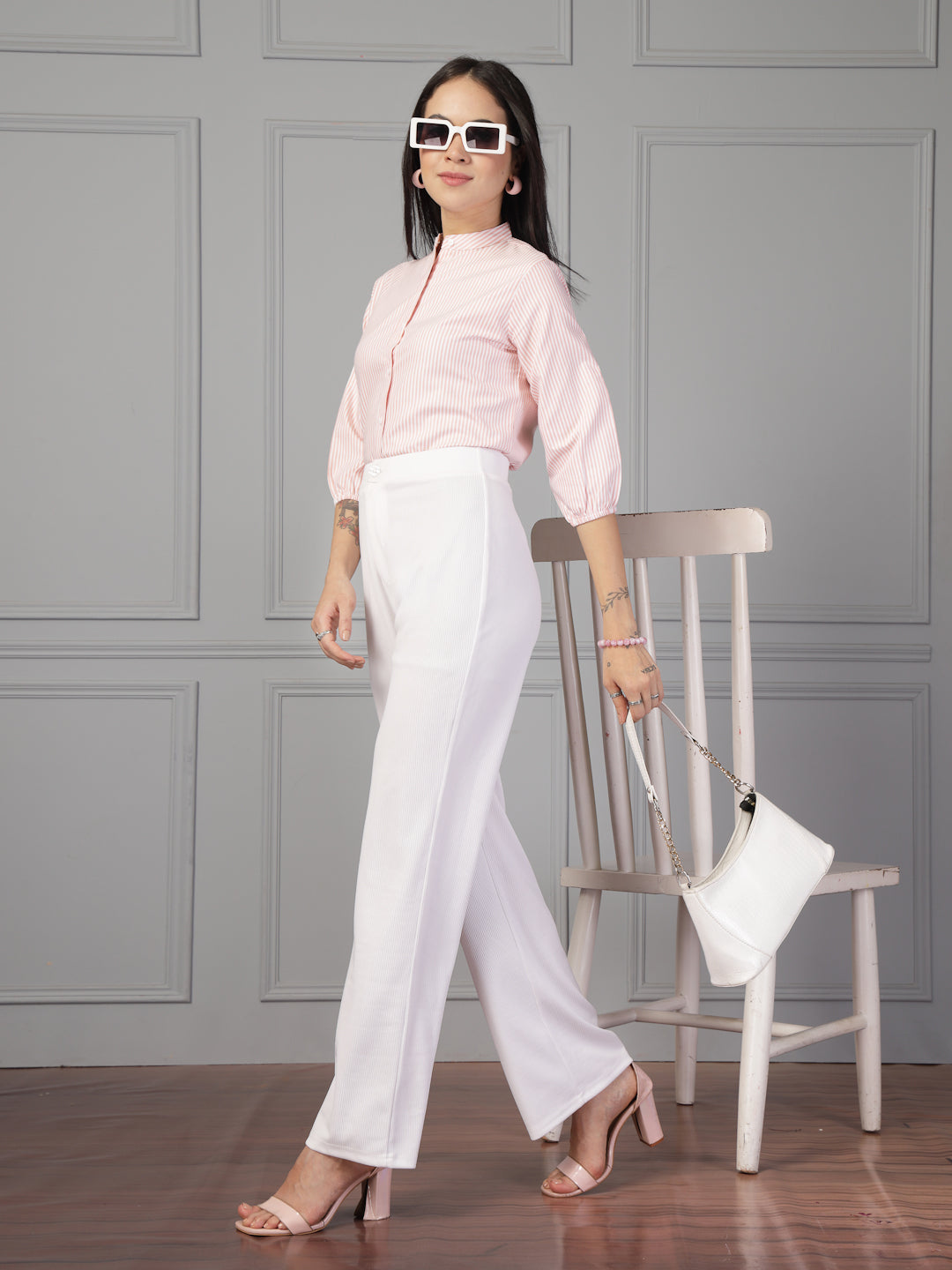 Style Quotient Women Peach and White Stripe Formal Shirt-Shirts-StyleQuotient