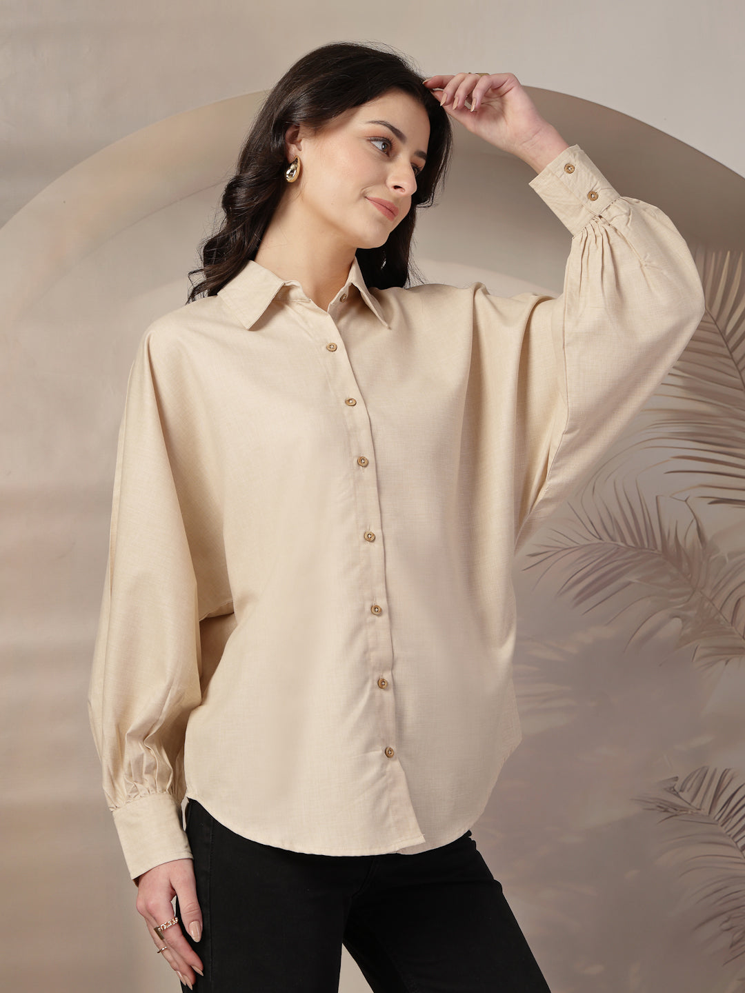 Style Quotient Women Beige Polycotton Solid Oversize Smart Casual Shirt-Shirts-StyleQuotient