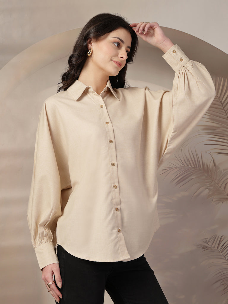 Style Quotient Women Beige Polycotton Solid Oversize Smart Casual Shirt-Shirts-StyleQuotient