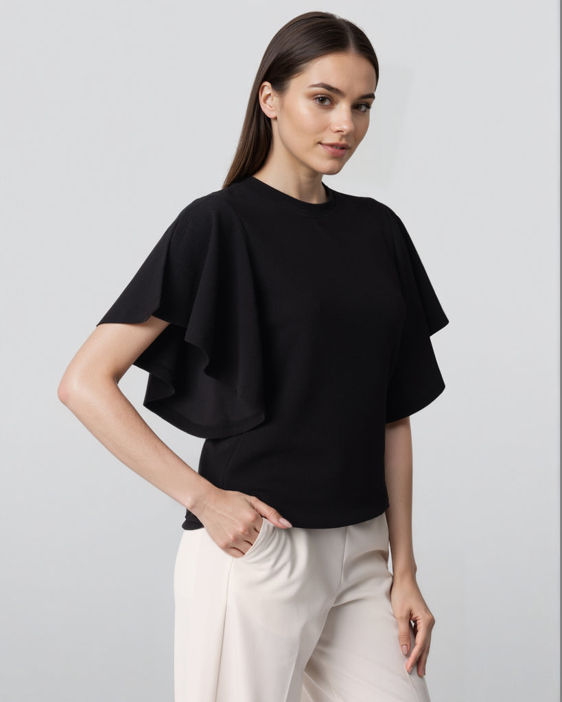 Style Quotient Women Solid Black Polyknit Semi Formal Top-Tops-StyleQuotient
