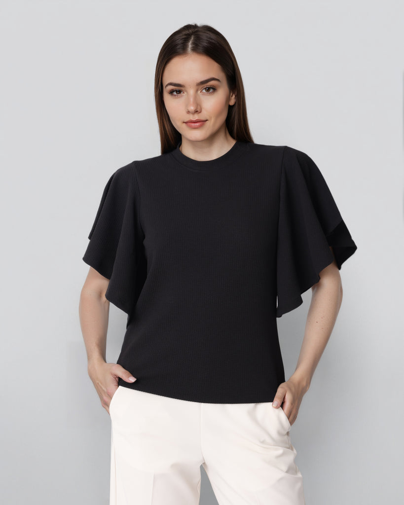 Style Quotient Women Solid Black Polyknit Semi Formal Top-Tops-StyleQuotient