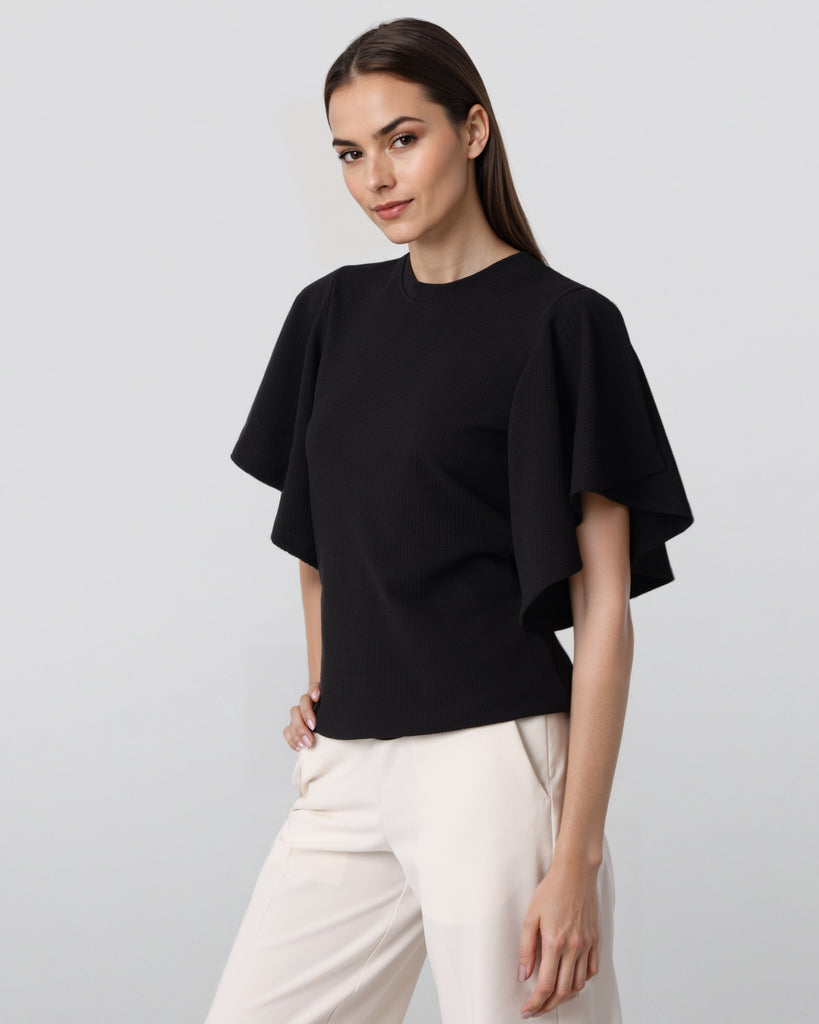 Style Quotient Women Solid Black Polyknit Semi Formal Top-Tops-StyleQuotient