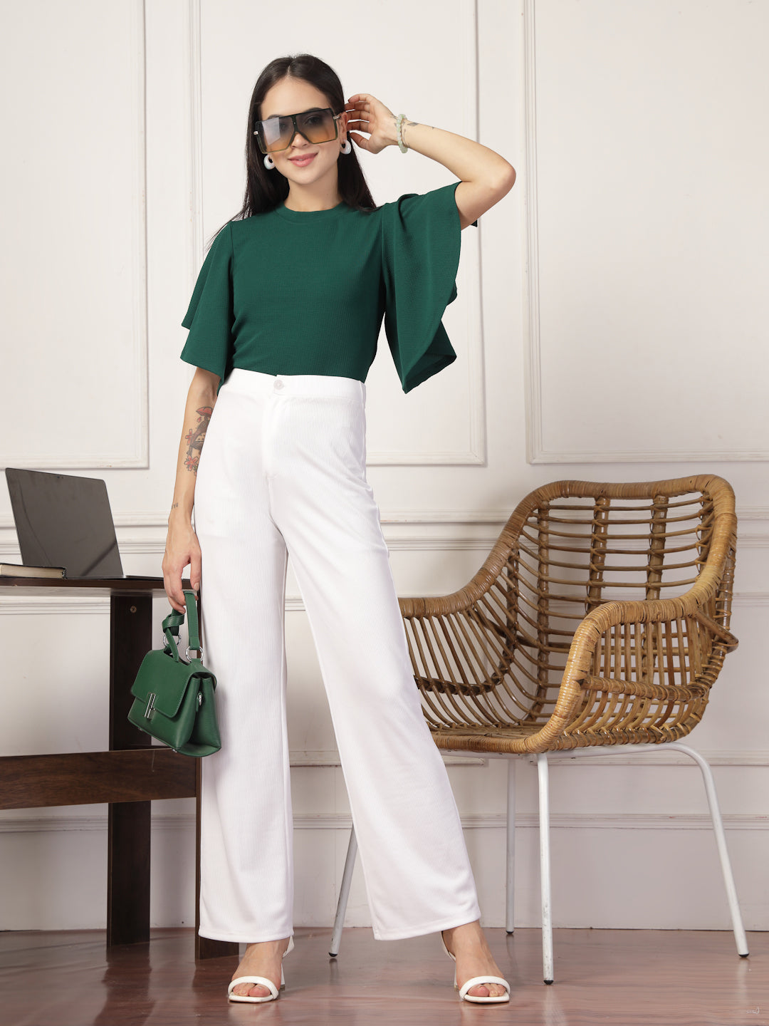 Style Quotient Women Solid Embrald Green Polyknit Semi Formal Top-Tops-StyleQuotient