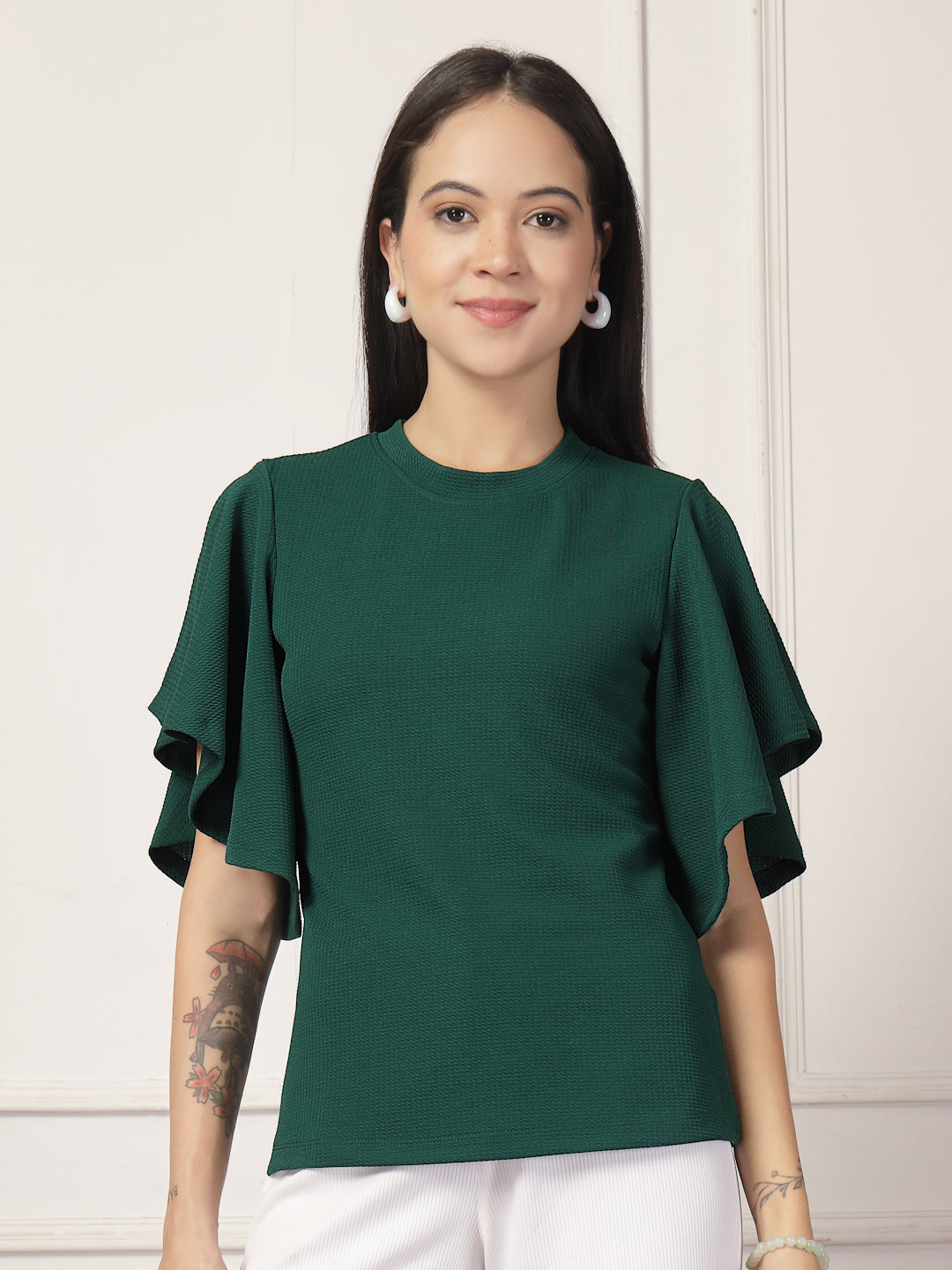 Style Quotient Women Solid Embrald Green Polyknit Semi Formal Top-Tops-StyleQuotient
