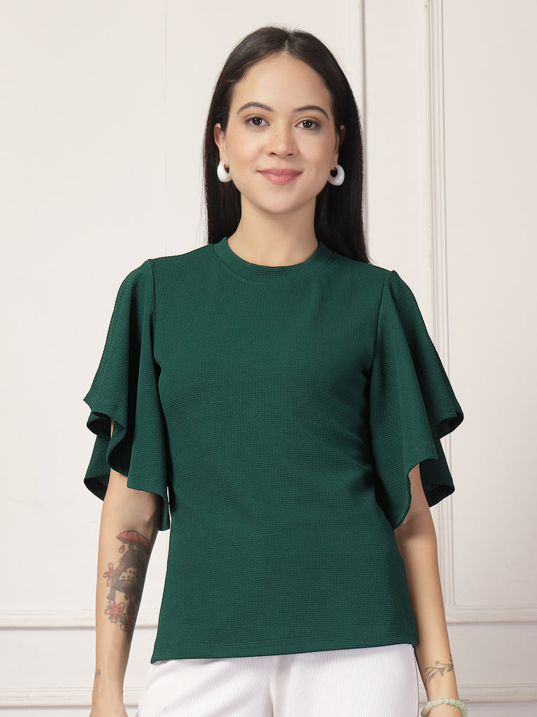 Style Quotient Women Solid Embrald Green Polyknit Semi Formal Top-Tops-StyleQuotient