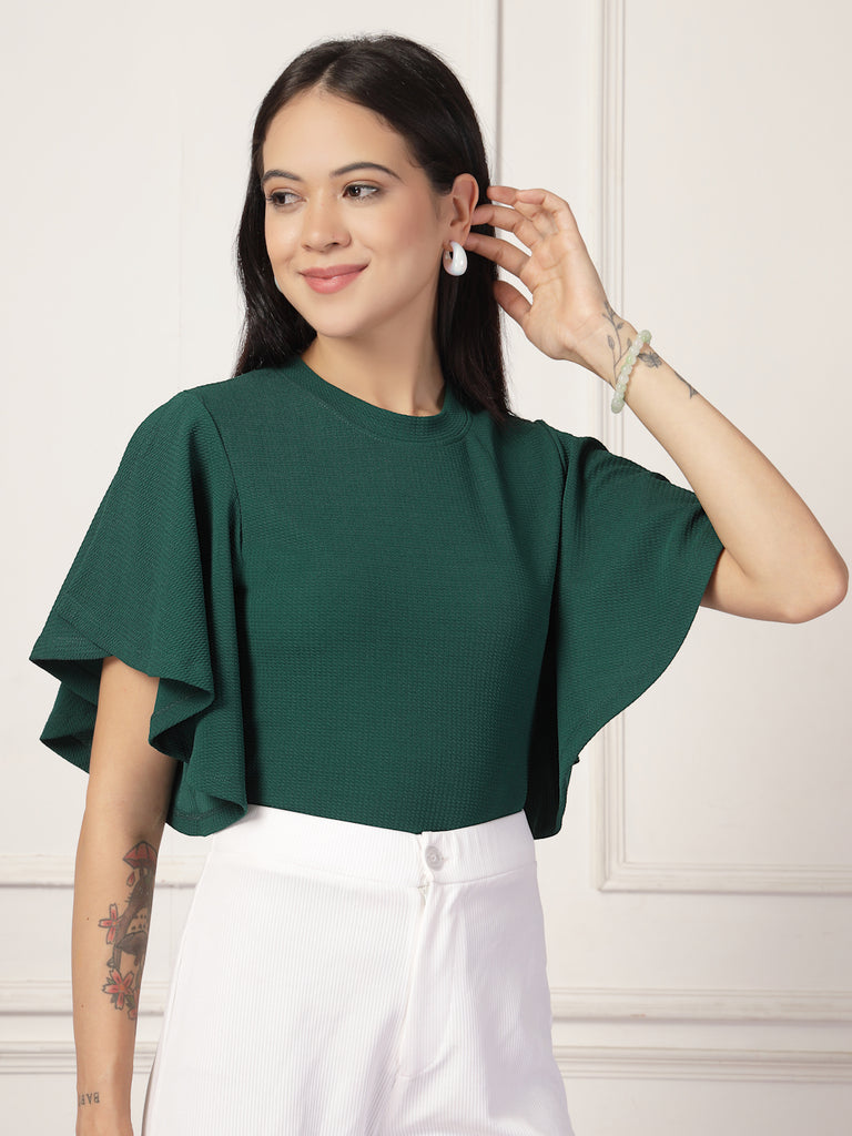 Style Quotient Women Solid Embrald Green Polyknit Semi Formal Top-Tops-StyleQuotient