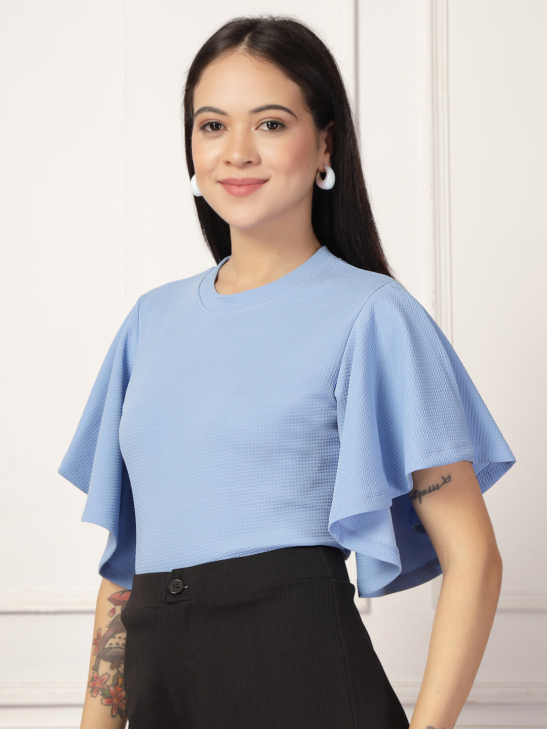 Style Quotient Women Solid Powder Blue Polyknit Semi Formal Top-Tops-StyleQuotient
