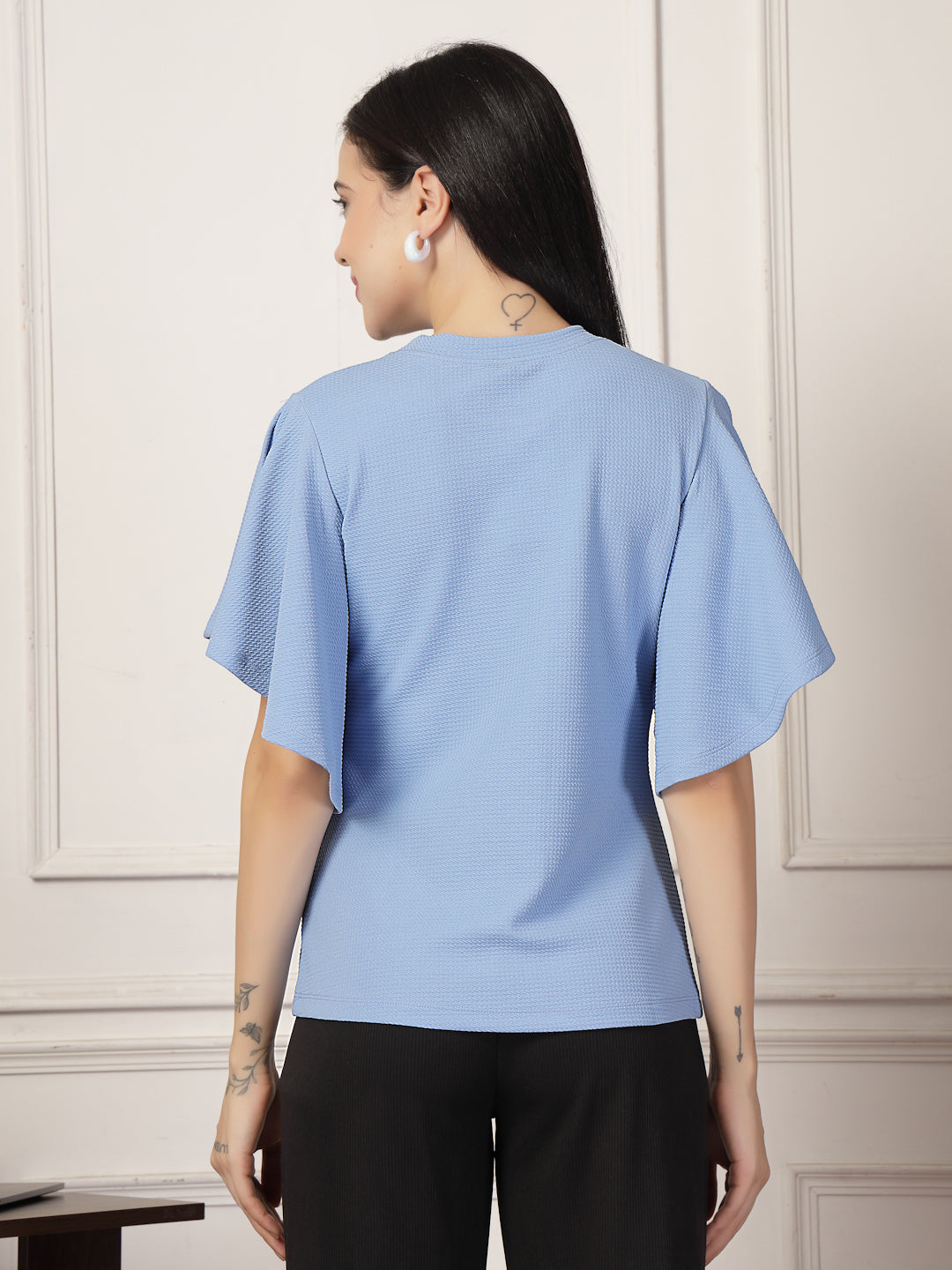Style Quotient Women Solid Powder Blue Polyknit Semi Formal Top-Tops-StyleQuotient