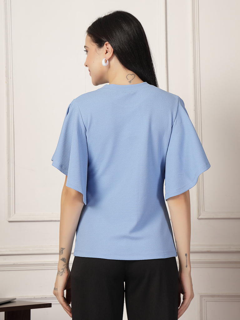 Style Quotient Women Solid Powder Blue Polyknit Semi Formal Top-Tops-StyleQuotient