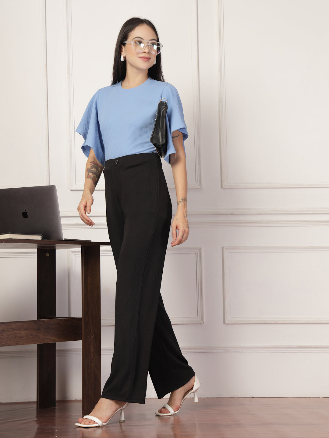 Style Quotient Women Solid Powder Blue Polyknit Semi Formal Top-Tops-StyleQuotient