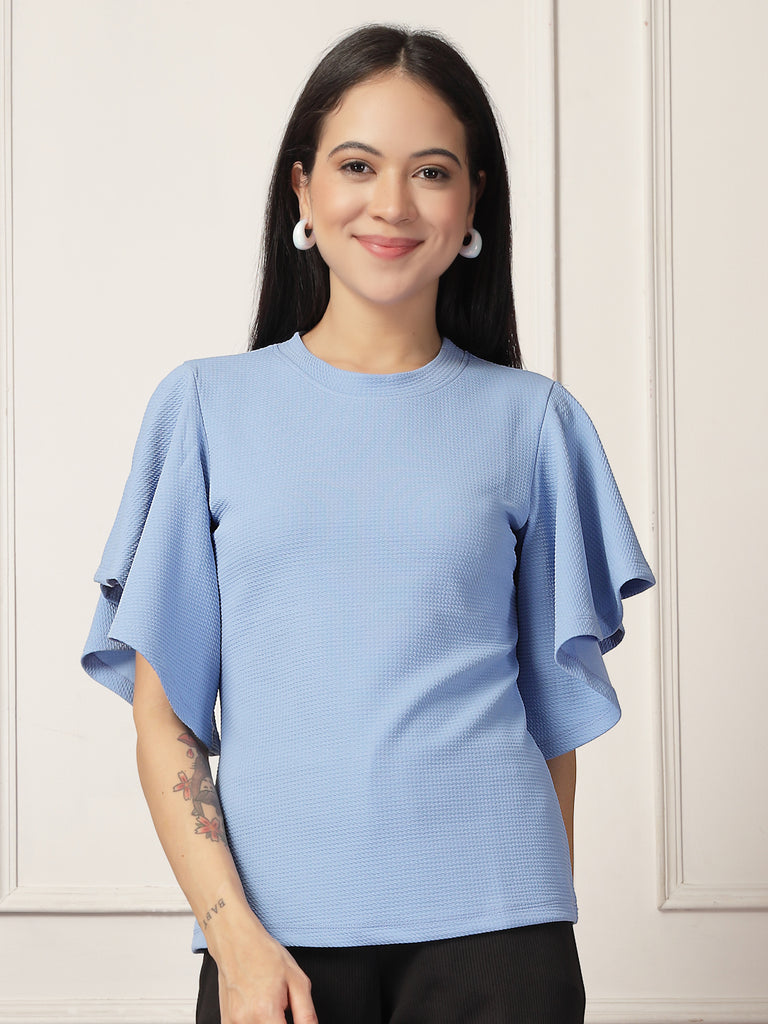 Style Quotient Women Solid Powder Blue Polyknit Semi Formal Top-Tops-StyleQuotient