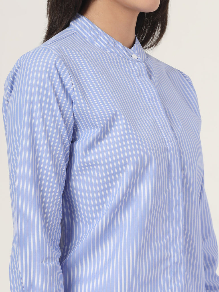 Style Quotient Women Blue and White Stripe Polycotton Formal Shirt-Shirts-StyleQuotient