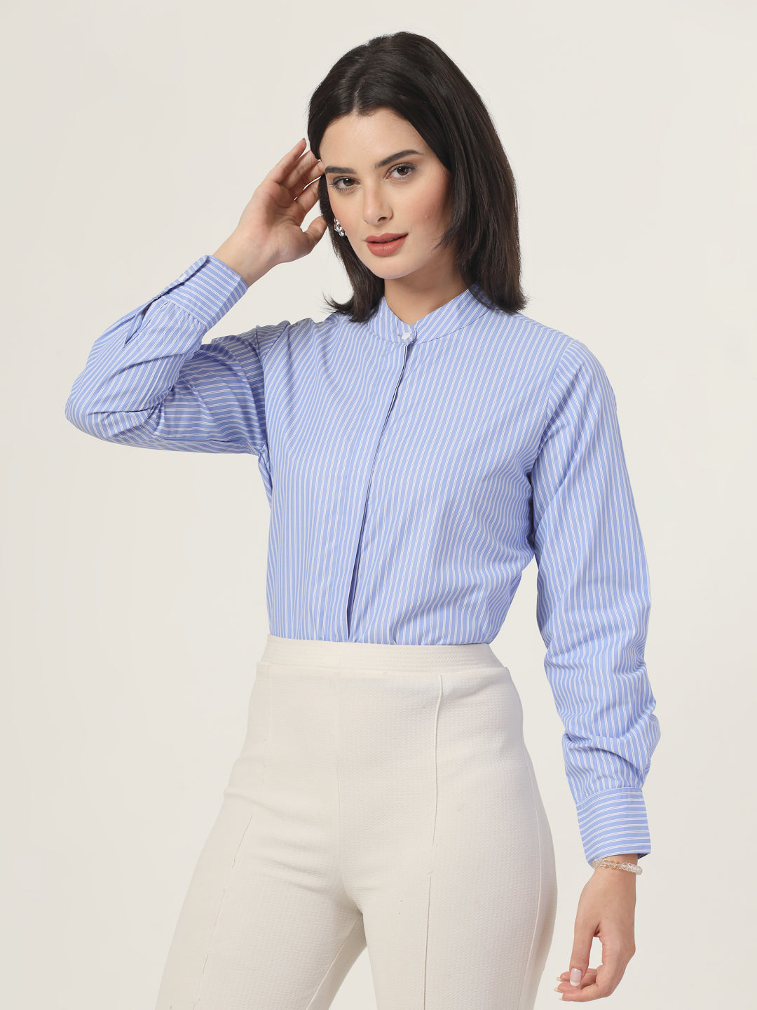 Style Quotient Women Blue and White Stripe Polycotton Formal Shirt-Shirts-StyleQuotient