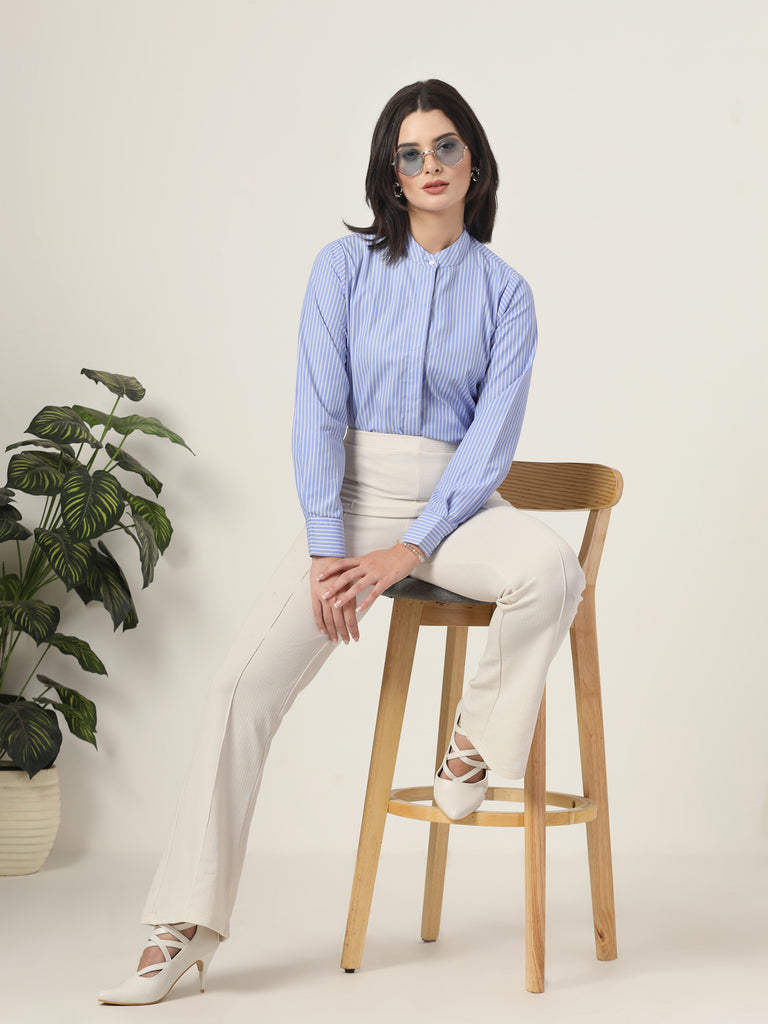 Style Quotient Women Blue and White Stripe Polycotton Formal Shirt-Shirts-StyleQuotient