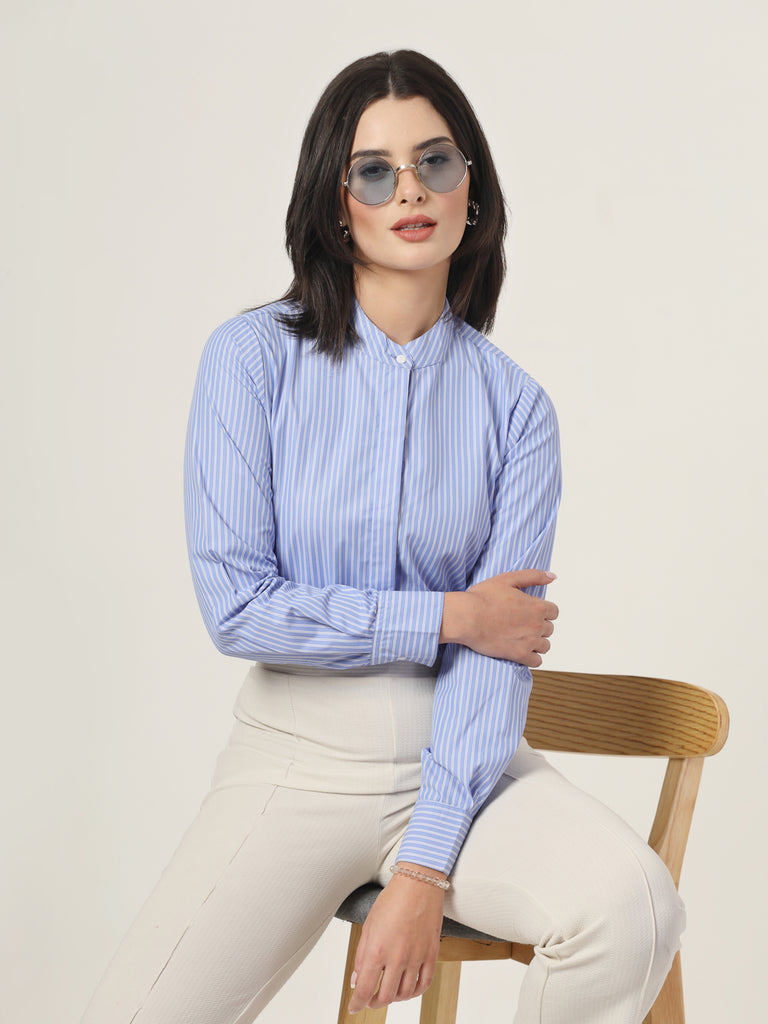 Style Quotient Women Blue and White Stripe Polycotton Formal Shirt-Shirts-StyleQuotient