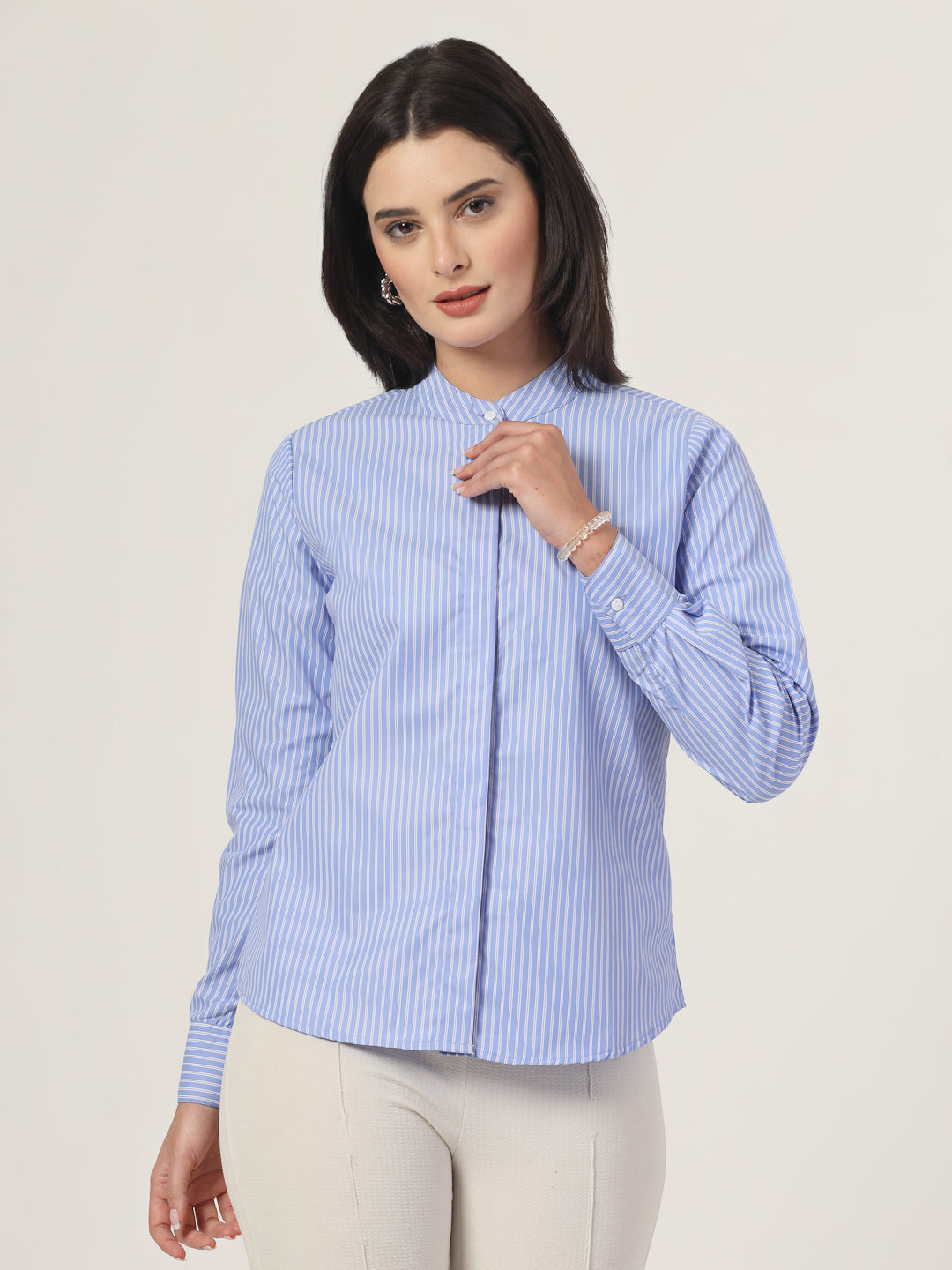 Style Quotient Women Blue and White Stripe Polycotton Formal Shirt-Shirts-StyleQuotient