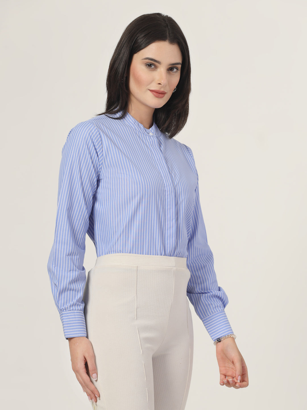 Style Quotient Women Blue and White Stripe Polycotton Formal Shirt-Shirts-StyleQuotient